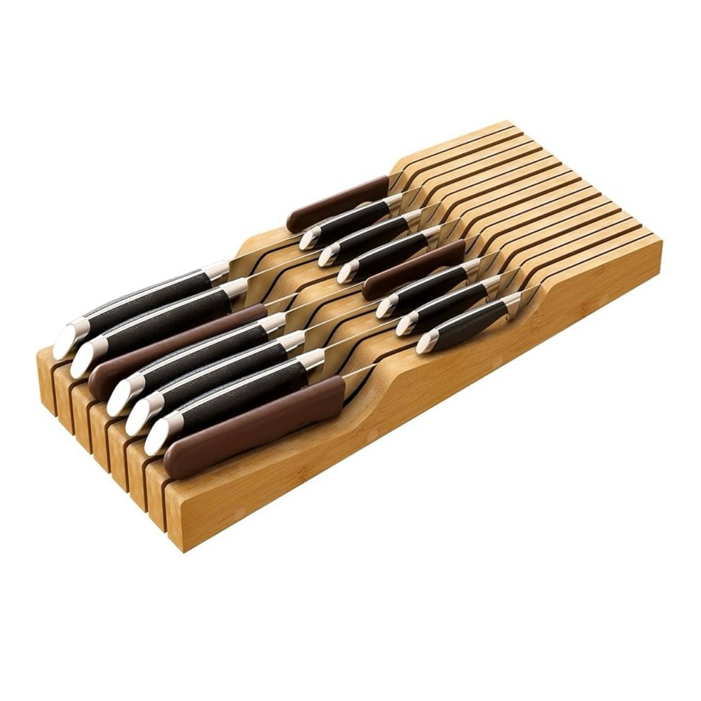Large Knife Drawer Organizer Insert, Bamboo, Knife Holder Block, 15 Knives